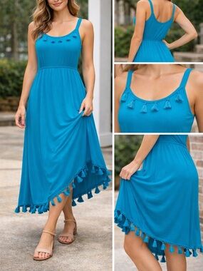 Turquoise Tassel-Trim Women's Hi- Low Dress